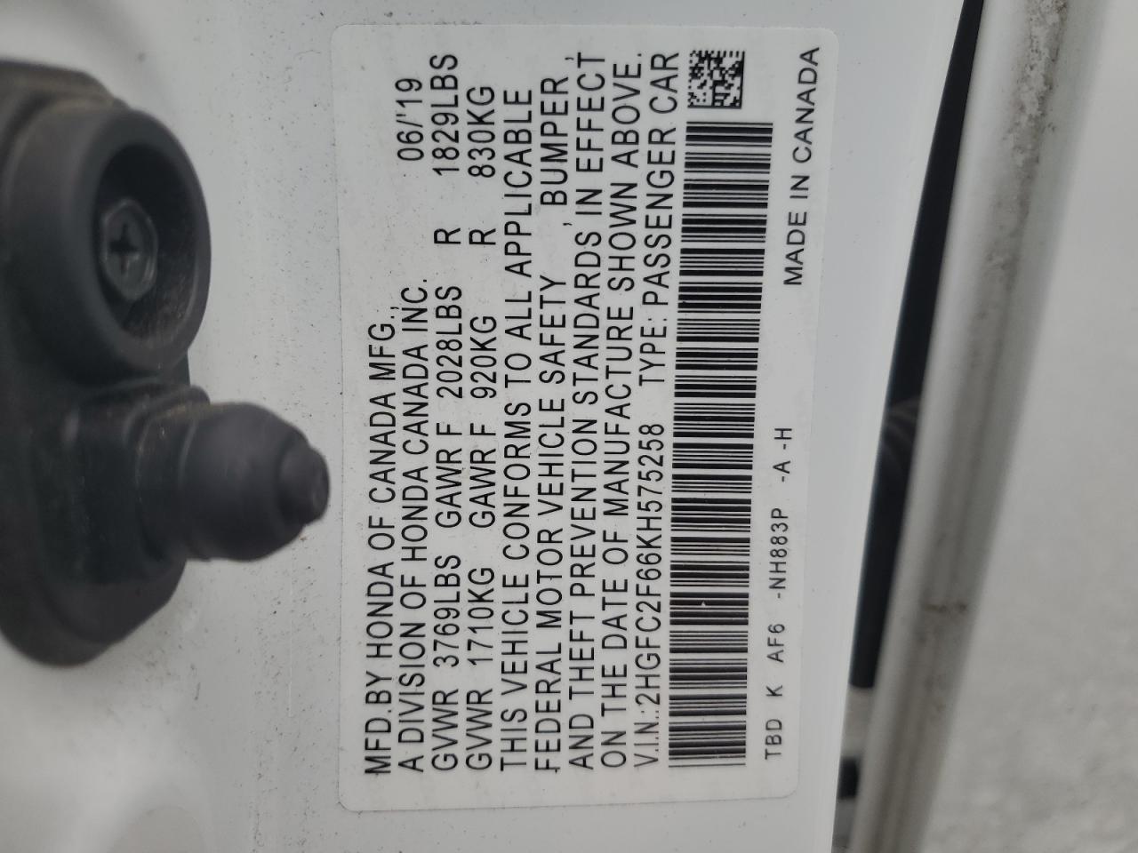 2HGFC2F66KH575258 HONDA CIVIC 2019
