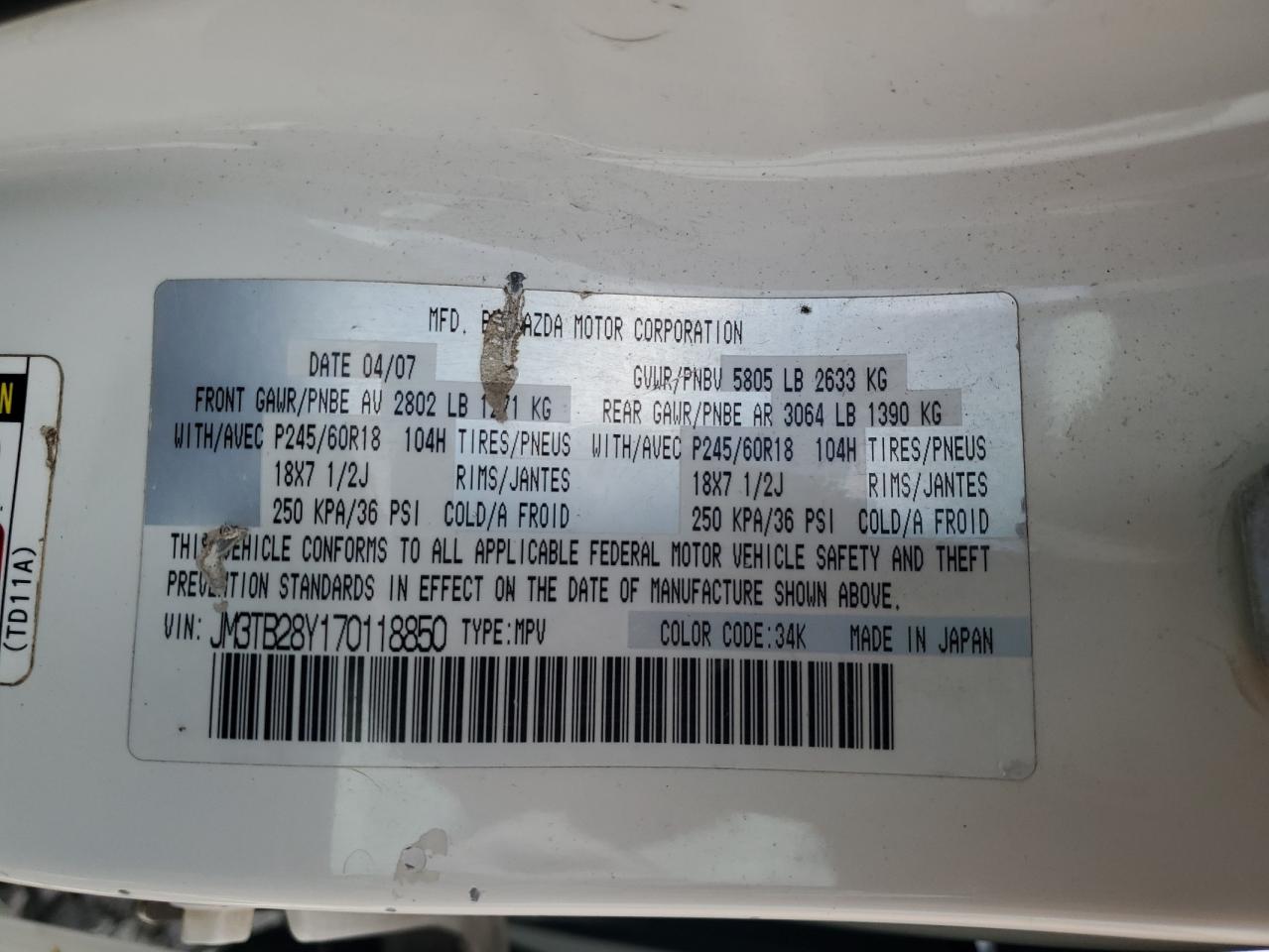 2007 Mazda Cx-9 VIN: JM3TB28Y170118850 Lot: 56509875