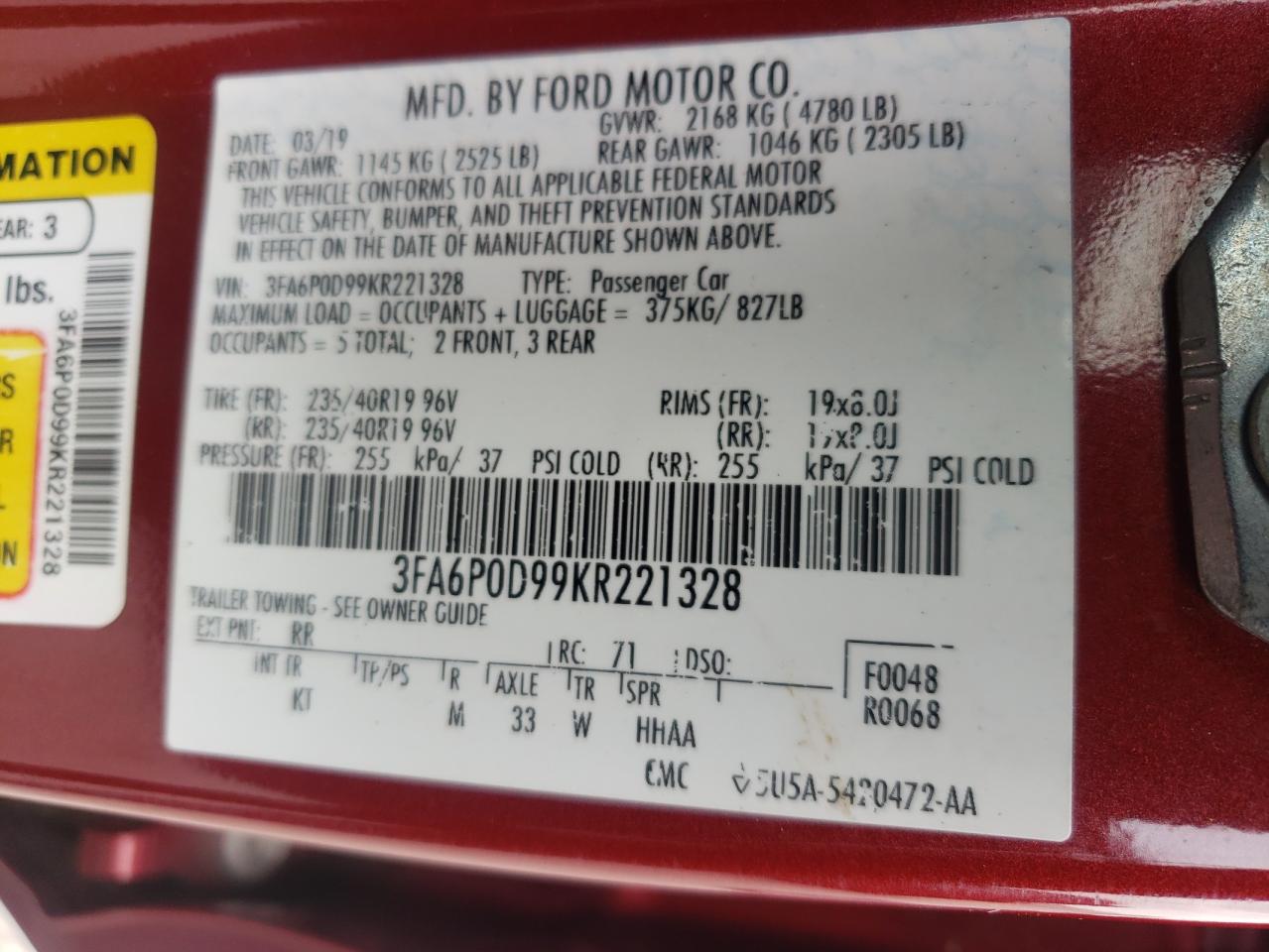 3FA6P0D99KR221328 FORD FUSION 2019