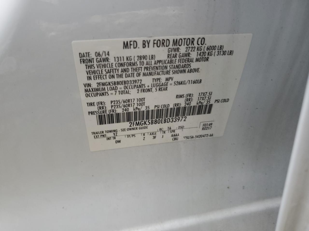 2014 Ford Flex Se VIN: 2FMGK5B80EBD33972 Lot: 55209105