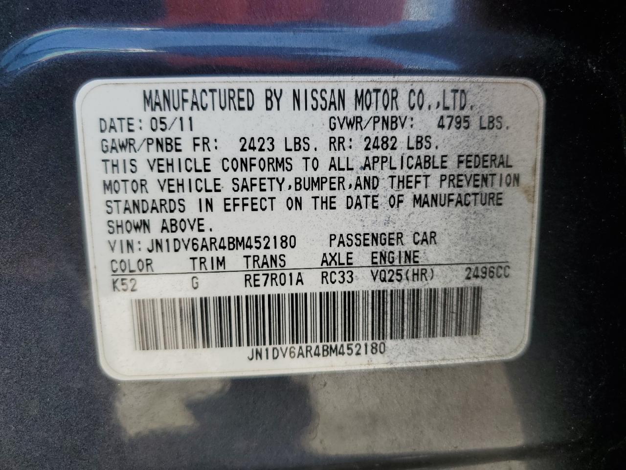 2011 Infiniti G25 VIN: JN1DV6AR4BM452180 Lot: 56844815