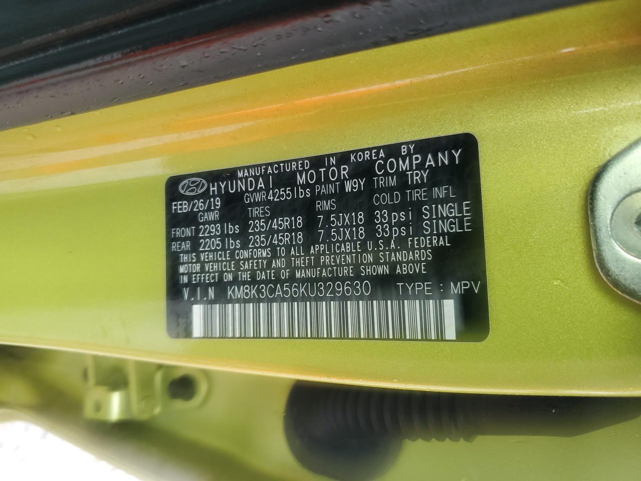 2019 Hyundai Kona Limited VIN: KM8K3CA56KU329630 Lot: 57323525