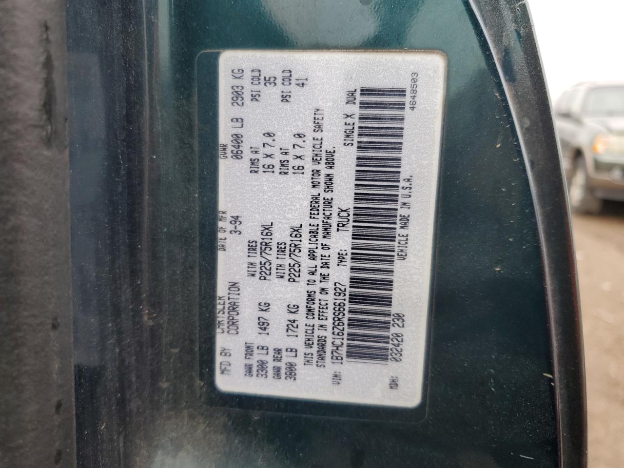 1994 Dodge Ram 1500 VIN: 1B7HC16Z6RS661927 Lot: 57590405