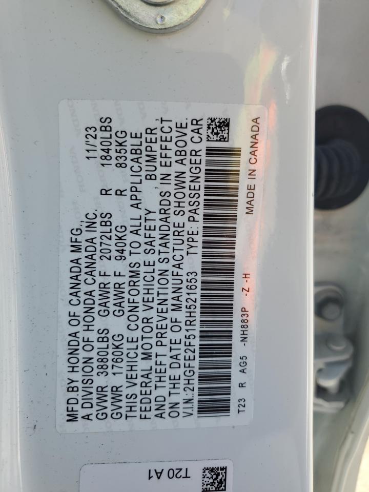 2024 Honda Civic Sport VIN: 2HGFE2F51RH521653 Lot: 59159925