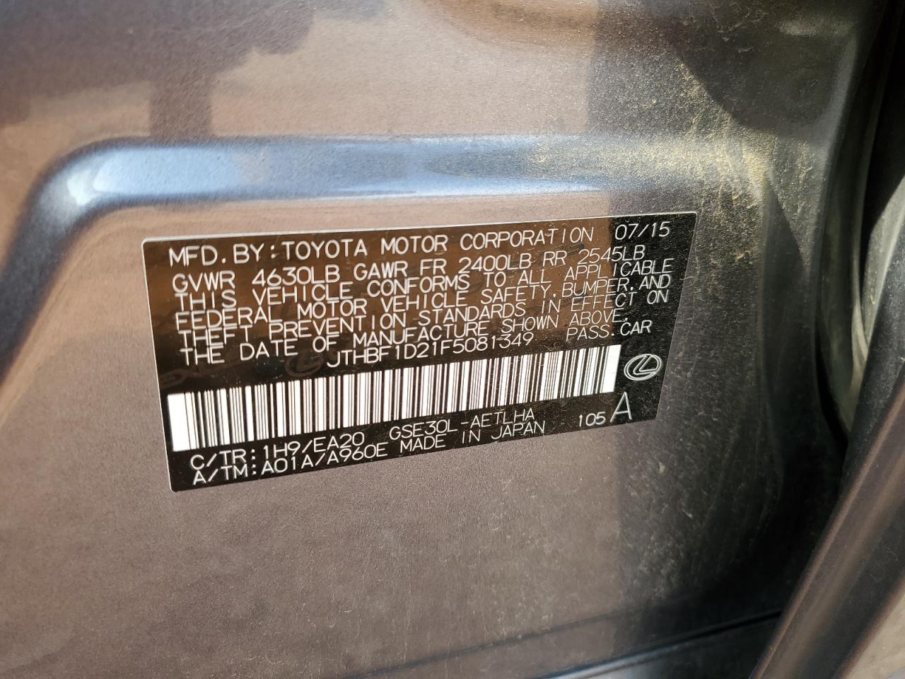 2015 Lexus Is 250 VIN: JTHBF1D21F5081349 Lot: 57173495