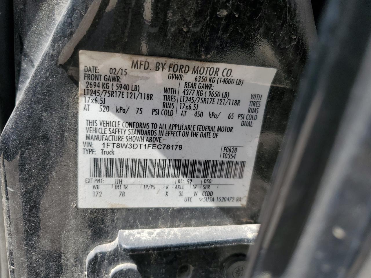 2015 Ford F350 Super Duty VIN: 1FT8W3DT1FEC78179 Lot: 56387975