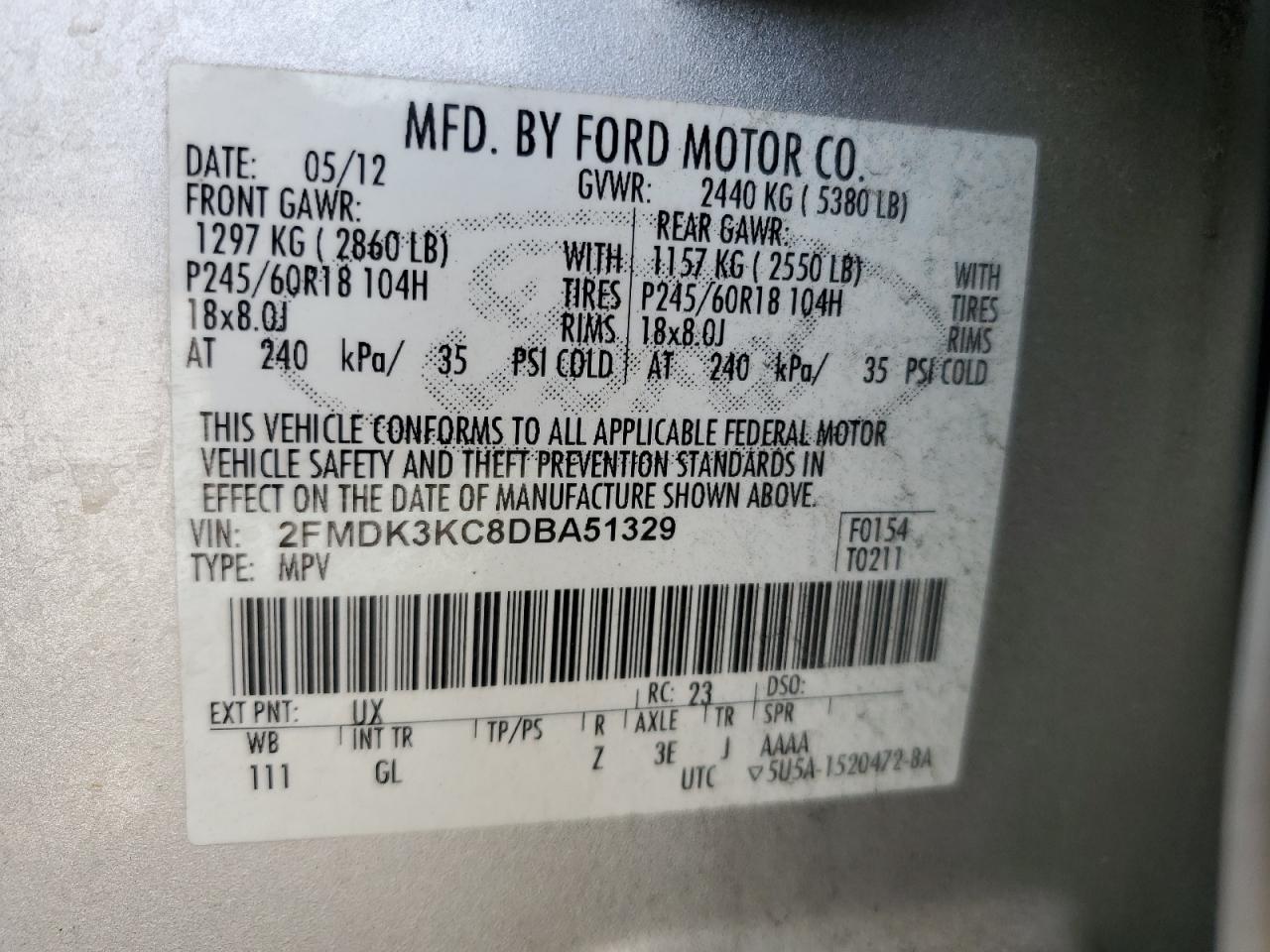 2013 Ford Edge Limited VIN: 2FMDK3KC8DBA51329 Lot: 56719315