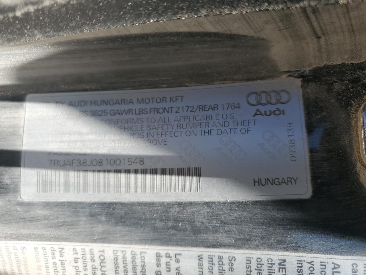 2008 Audi Tt 2.0T VIN: TRUAF38J081001548 Lot: 57117135