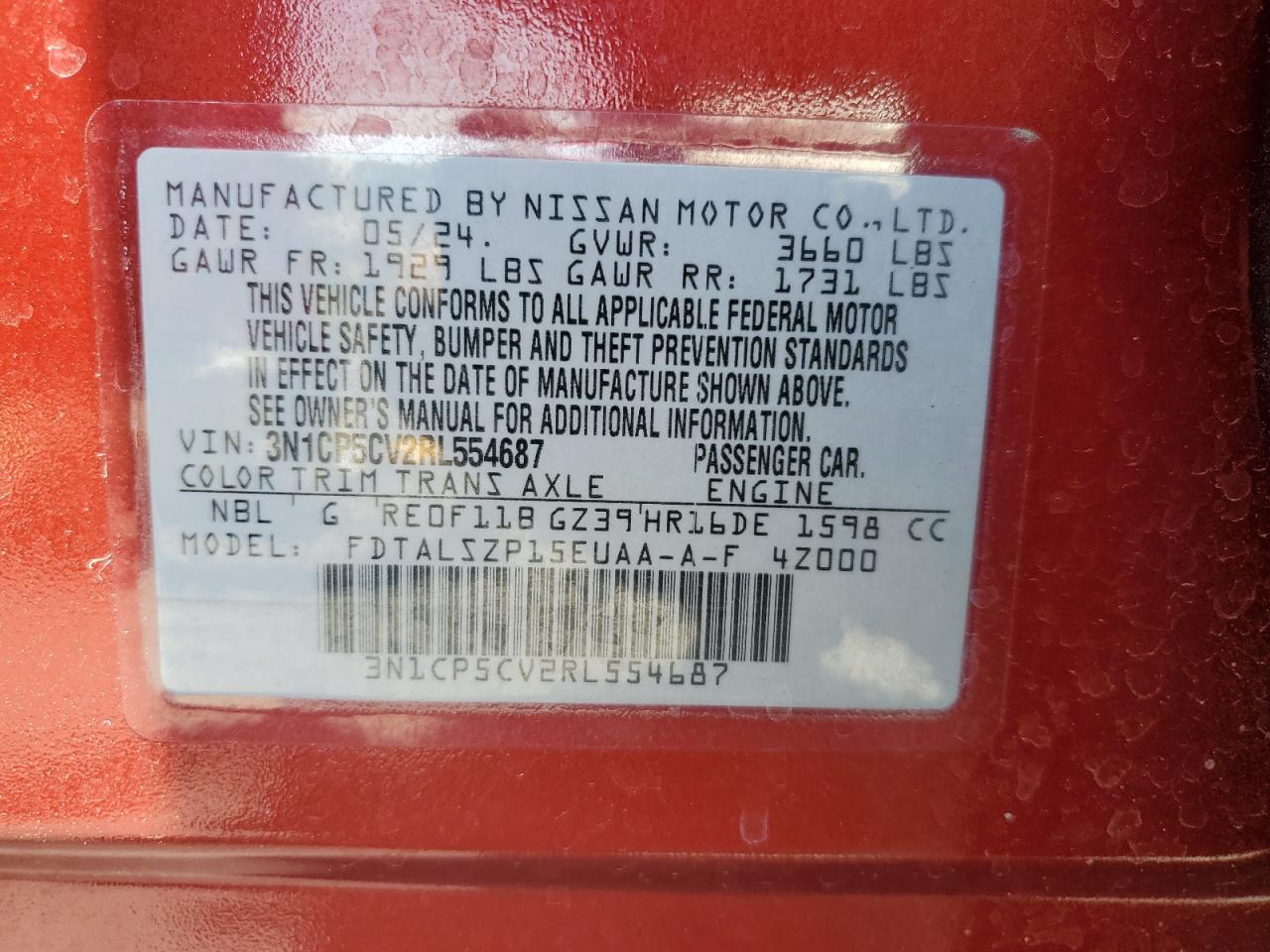 2024 Nissan Kicks Sv VIN: 3N1CP5CV2RL554687 Lot: 58847745