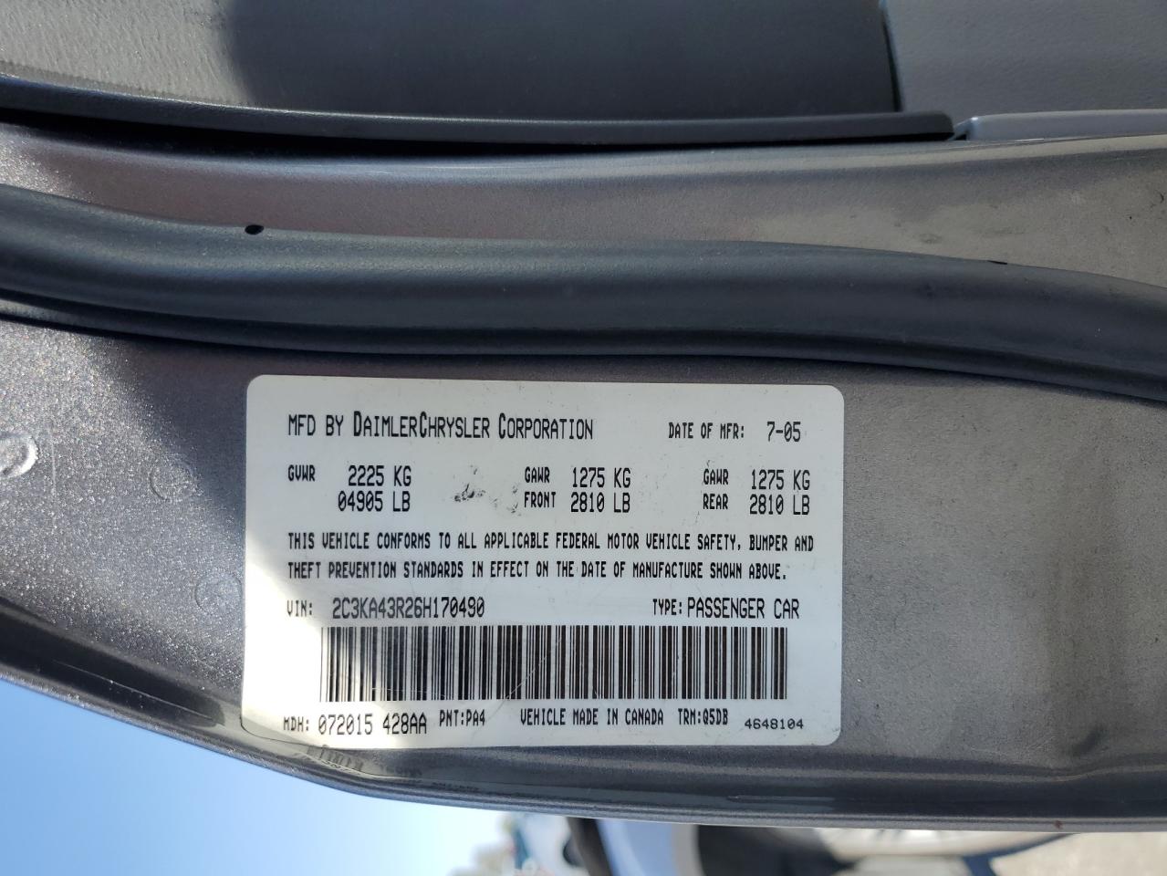 2006 Chrysler 300 VIN: 2C3KA43R26H170490 Lot: 57349175