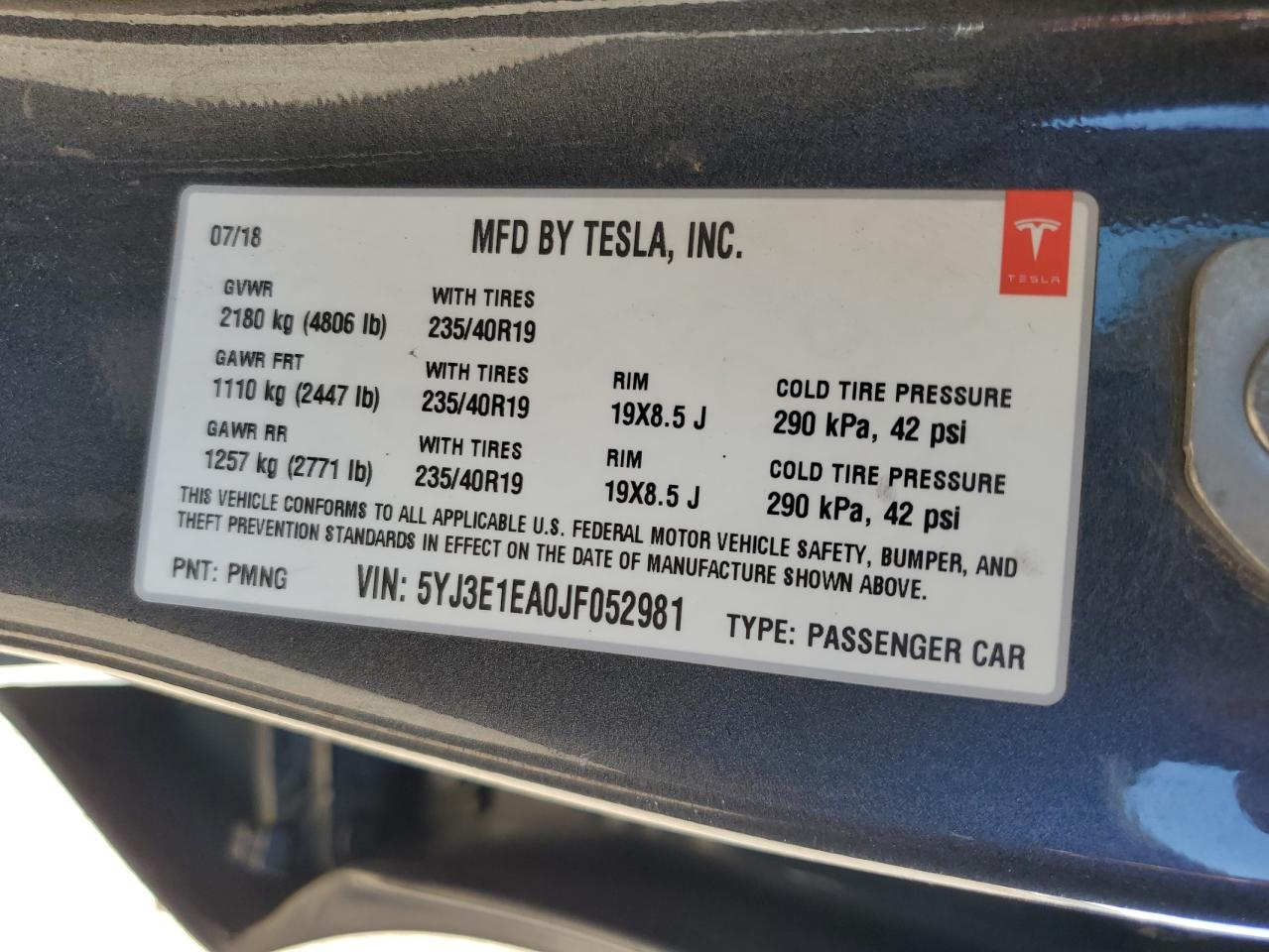 2018 Tesla Model 3 VIN: 5YJ3E1EA0JF052981 Lot: 57315065