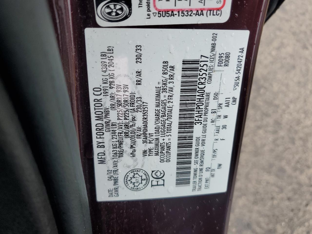 2012 Ford Fusion Se VIN: 3FAHP0HA0CR352517 Lot: 57644365