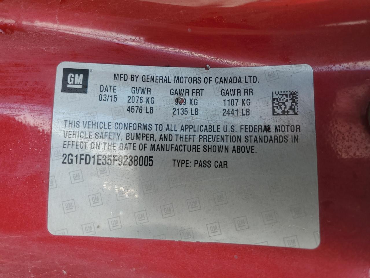 2015 Chevrolet Camaro Lt VIN: 2G1FD1E35F9238005 Lot: 56882225