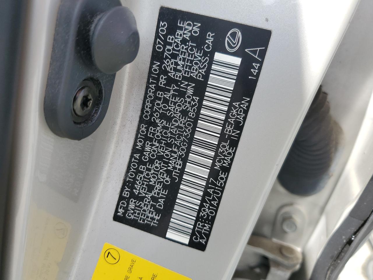 2003 Lexus Es 300 VIN: JTHBF30G736018534 Lot: 56697725