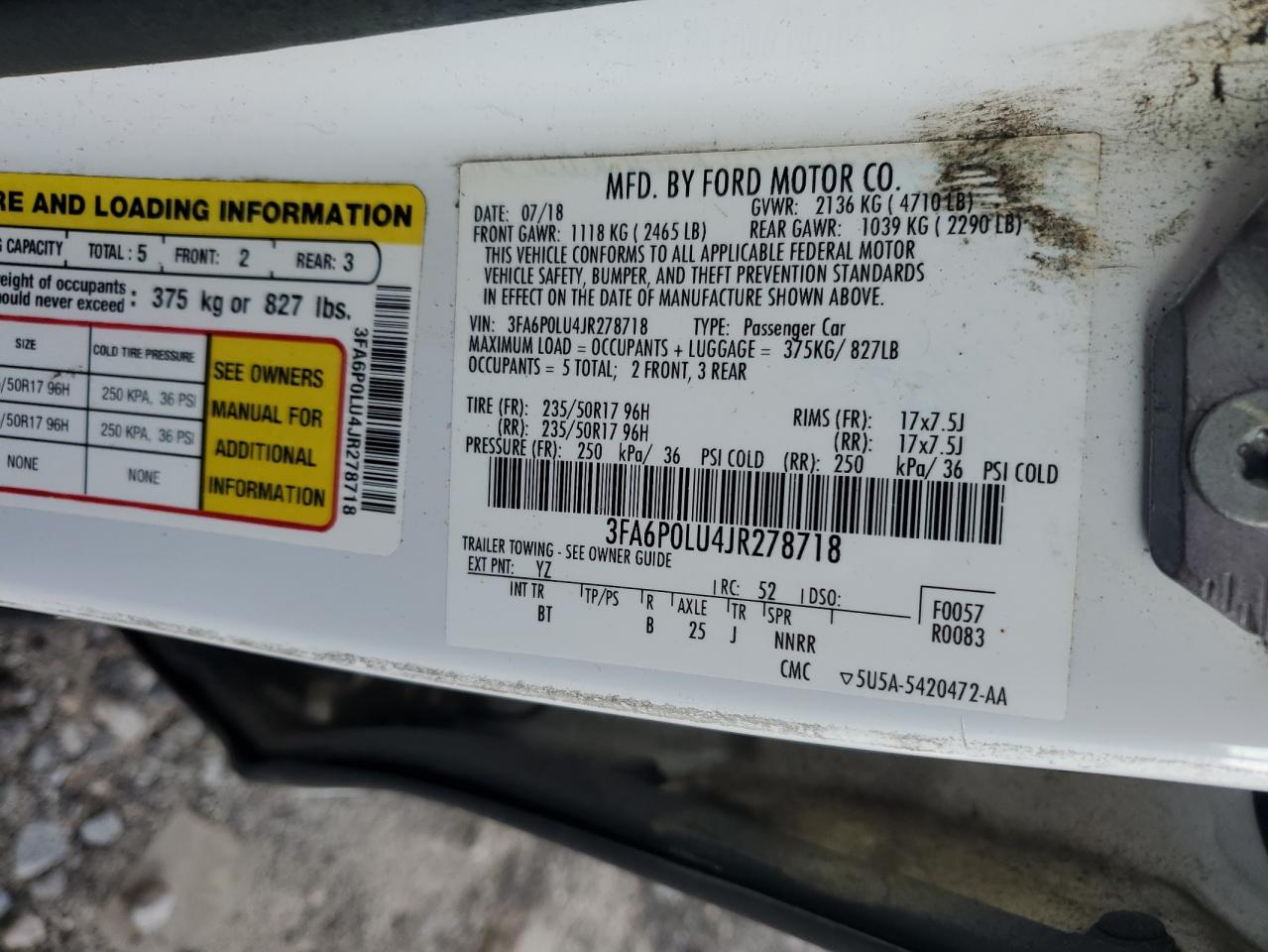 2018 Ford Fusion Se Hybrid VIN: 3FA6P0LU4JR278718 Lot: 54031675