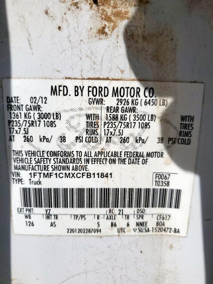 2012 Ford F150 VIN: 1FTMF1CMXCFB11841 Lot: 54541765