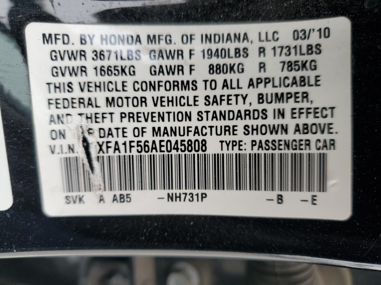 2010 Honda Civic Lx VIN: 19XFA1F56AE045808 Lot: 58606695