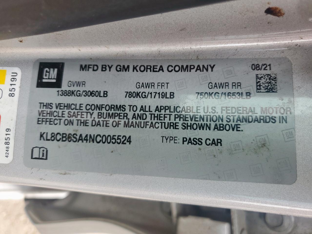 2022 Chevrolet Spark Ls VIN: KL8CB6SA4NC005524 Lot: 57168135