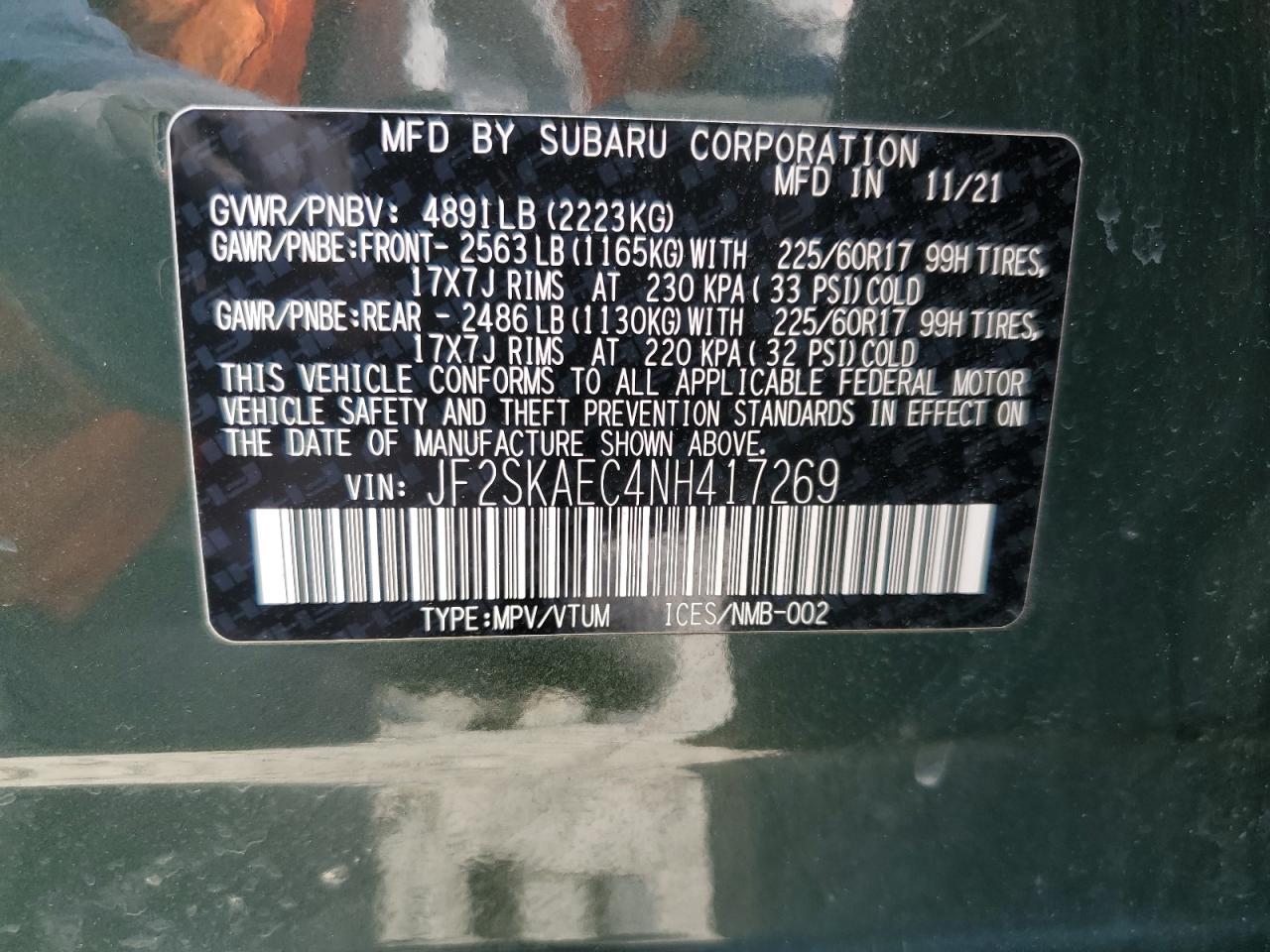 2022 Subaru Forester Premium VIN: JF2SKAEC4NH417269 Lot: 56910765