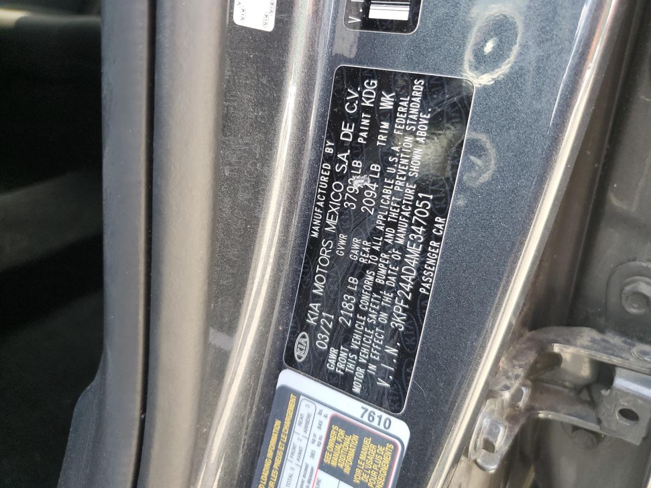 2021 Kia Forte Fe VIN: 3KPF24AD4ME347051 Lot: 57233995