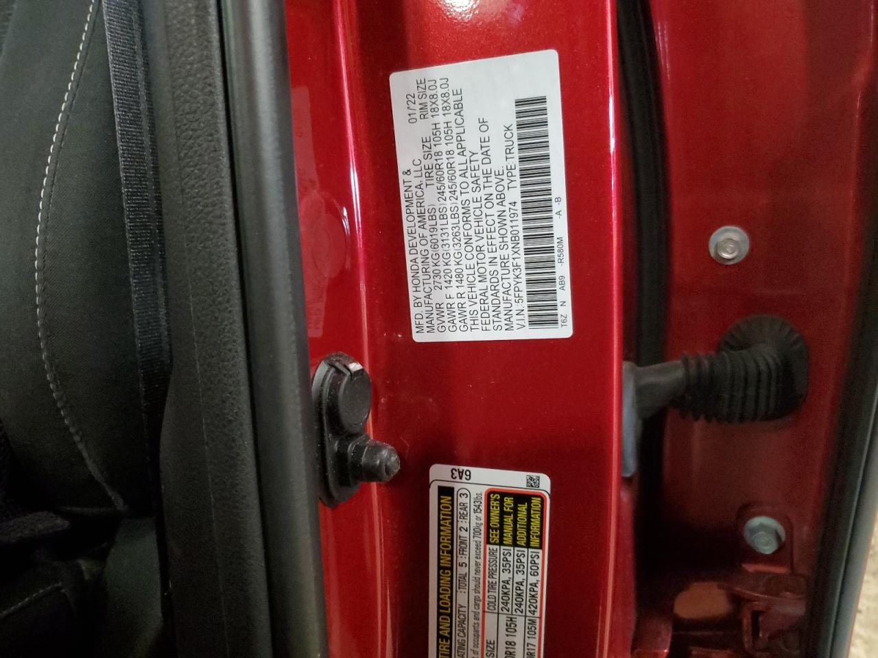2022 Honda Ridgeline Sport VIN: 5FPYK3F1XNB011974 Lot: 56012935