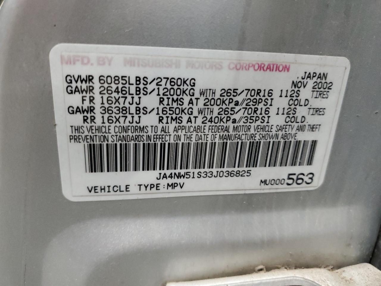 2003 Mitsubishi Montero Limited VIN: JA4NW51S33J036825 Lot: 57118005