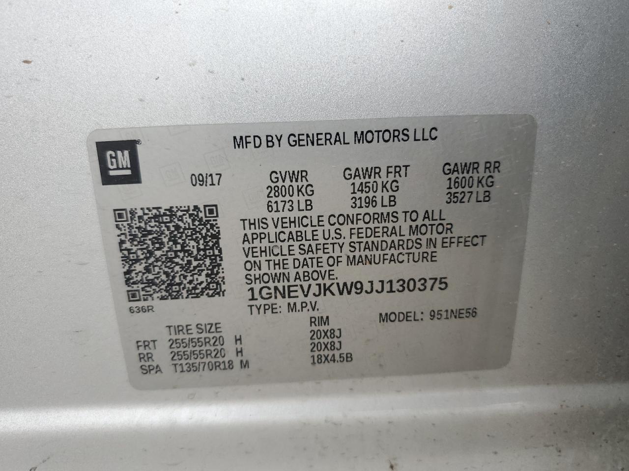 2018 Chevrolet Traverse Premier VIN: 1GNEVJKW9JJ130375 Lot: 58322085