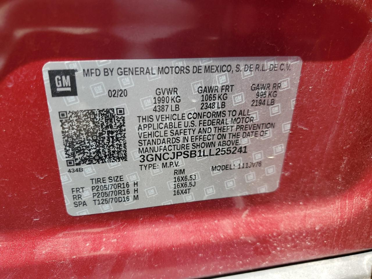 2020 Chevrolet Trax 1Lt VIN: 3GNCJPSB1LL255241 Lot: 56951075