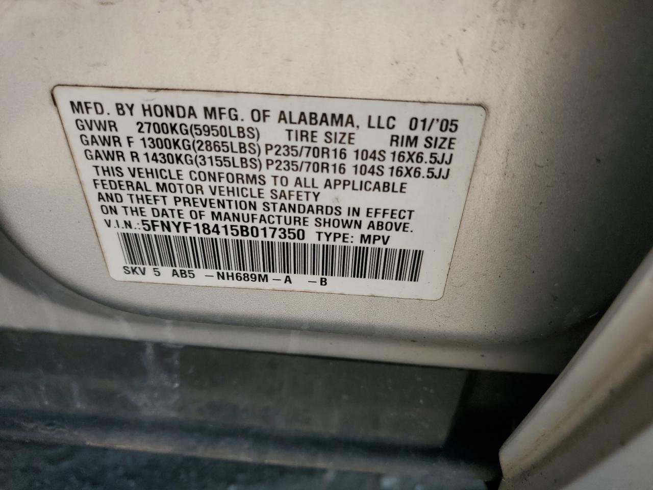 2005 Honda Pilot Ex VIN: 5FNYF18415B017350 Lot: 55407795