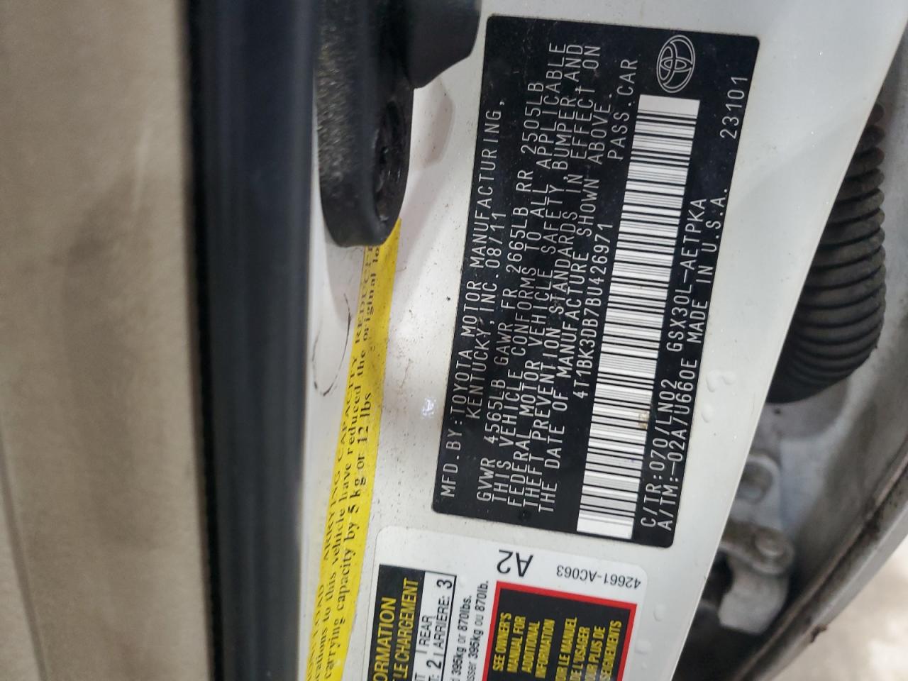 2011 Toyota Avalon Base VIN: 4T1BK3DB7BU426971 Lot: 56457445