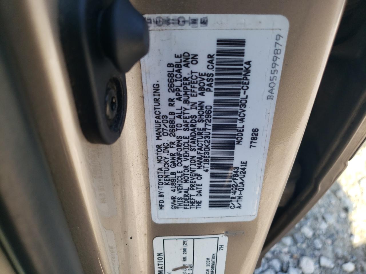 2003 Toyota Camry Le VIN: 4T1BE30K23U772960 Lot: 57078995