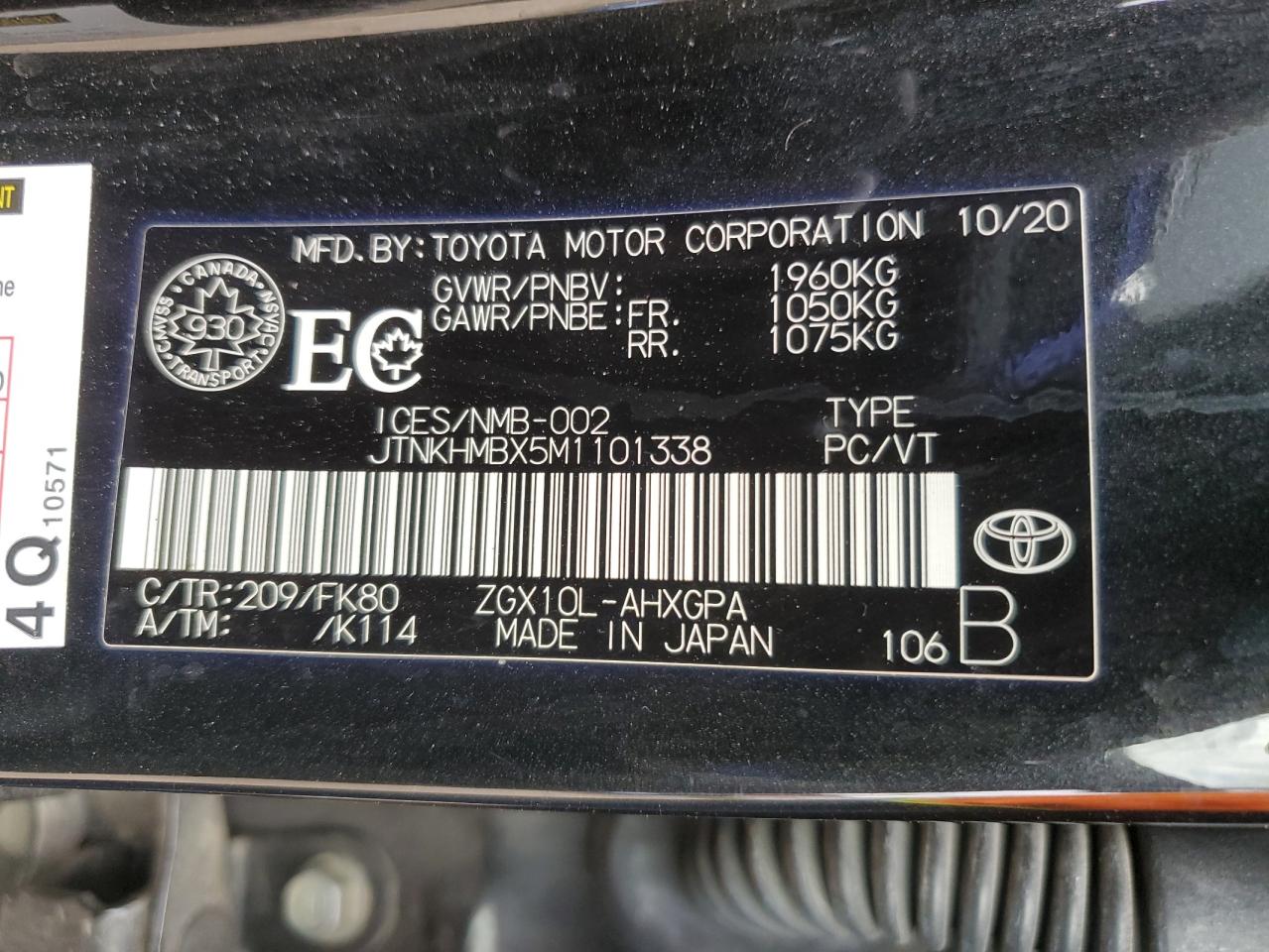 2021 Toyota C-Hr Xle VIN: JTNKHMBX5M1101338 Lot: 56699085