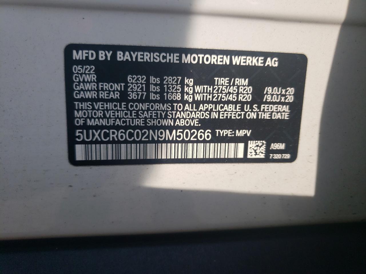 2022 BMW X5 xDrive40I VIN: 5UXCR6C02N9M50266 Lot: 56545385