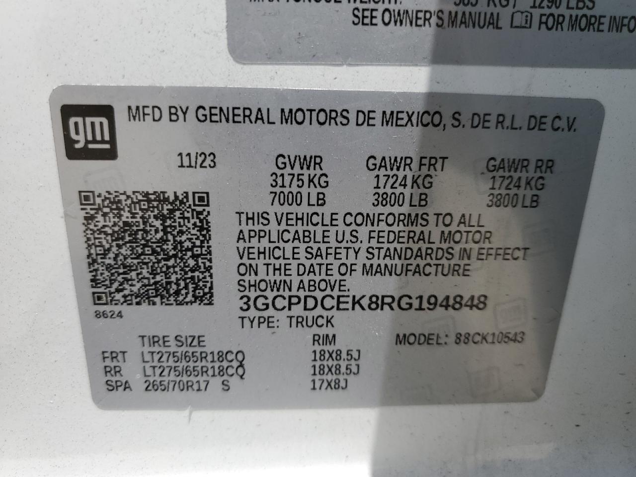 2024 Chevrolet Silverado K1500 Trail Boss Custom VIN: 3GCPDCEK8RG194848 Lot: 56959435