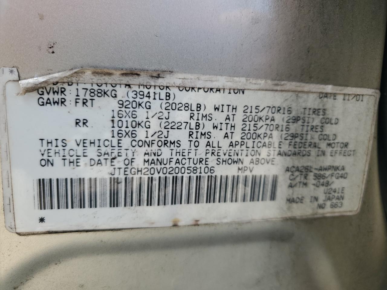 2002 Toyota Rav4 VIN: JTEGH20V020058106 Lot: 58926005