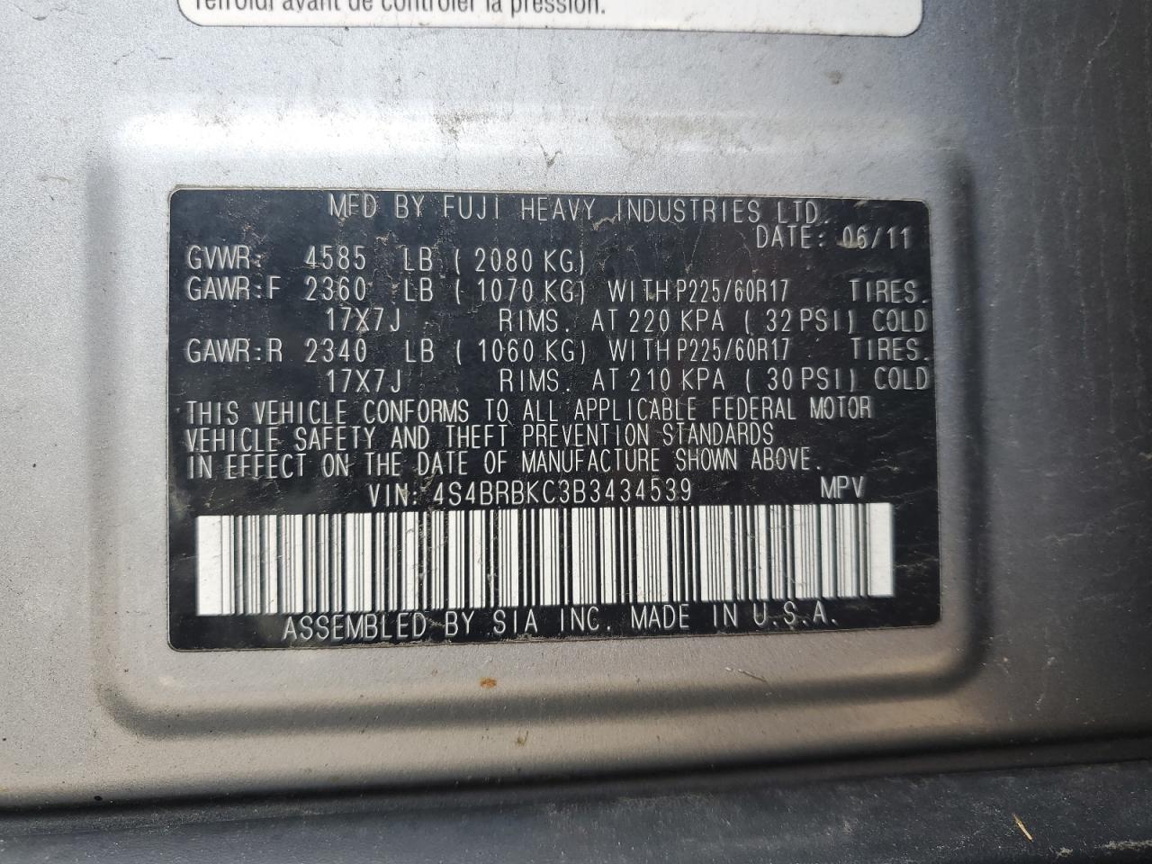 2011 Subaru Outback 2.5I Limited VIN: 4S4BRBKC3B3434539 Lot: 56828735