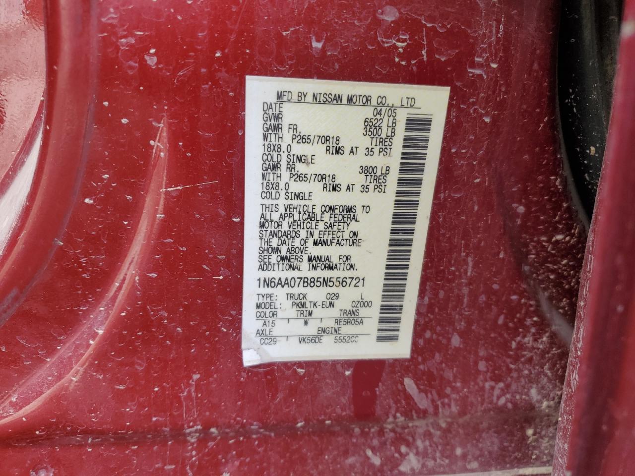 2005 Nissan Titan Xe VIN: 1N6AA07B85N556721 Lot: 56566275