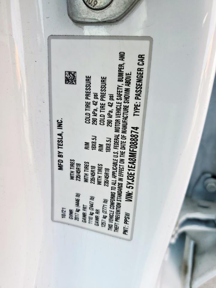 2021 Tesla Model 3 VIN: 5YJ3E1EA8MF088874 Lot: 57493565