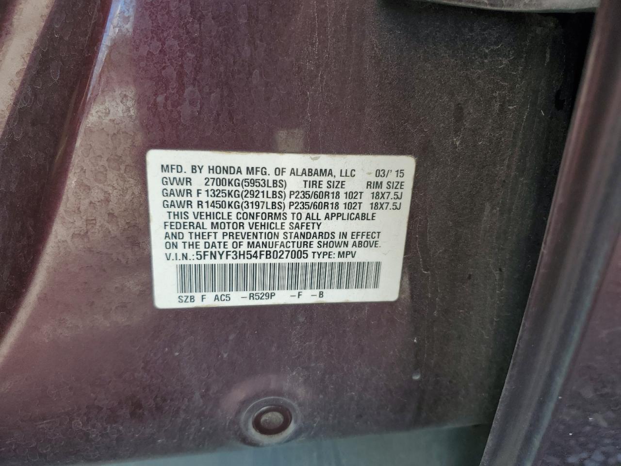 2015 Honda Pilot Exl VIN: 5FNYF3H54FB027005 Lot: 57100055