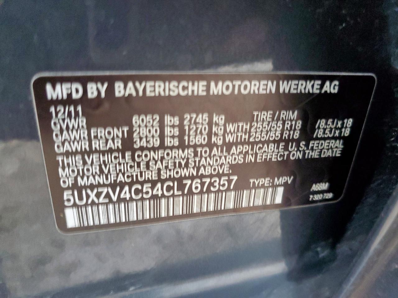 2012 BMW X5 xDrive35I VIN: 5UXZV4C54CL767357 Lot: 58467935