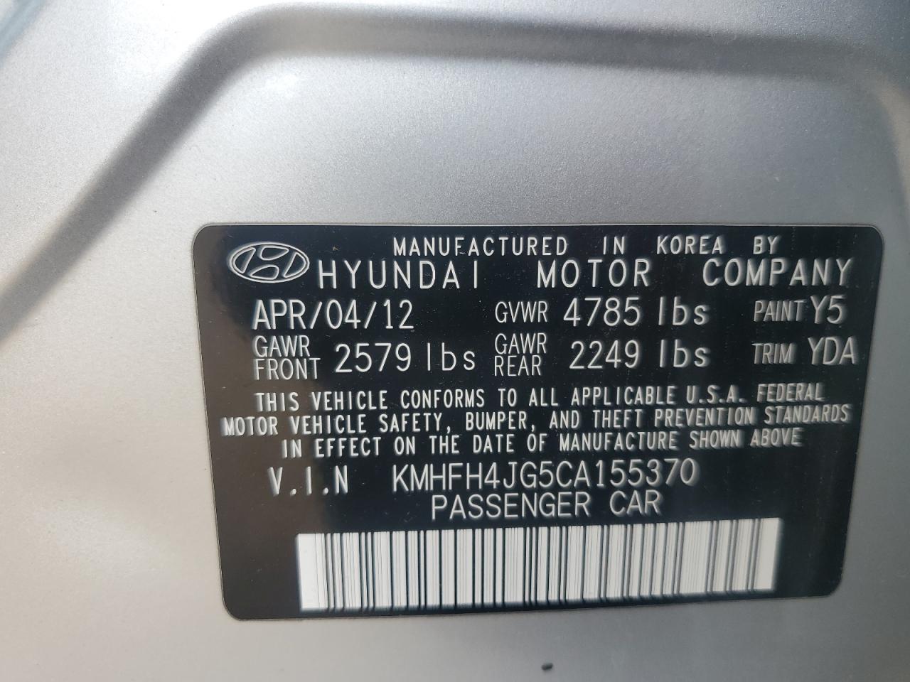 2012 Hyundai Azera Gls VIN: KMHFH4JG5CA155370 Lot: 55601835
