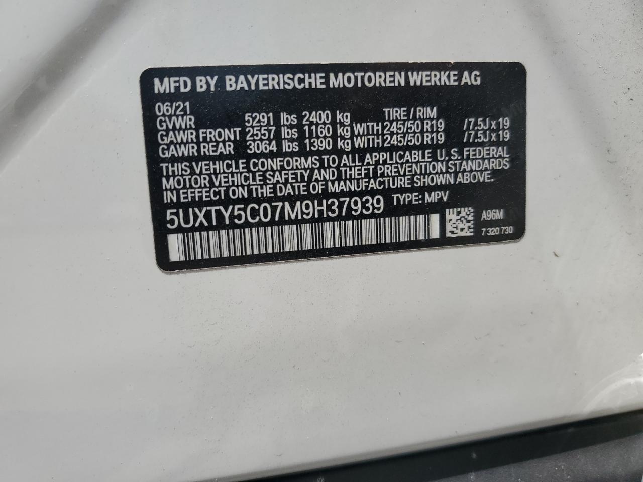 2021 BMW X3 xDrive30I VIN: 5UXTY5C07M9H37939 Lot: 57126685