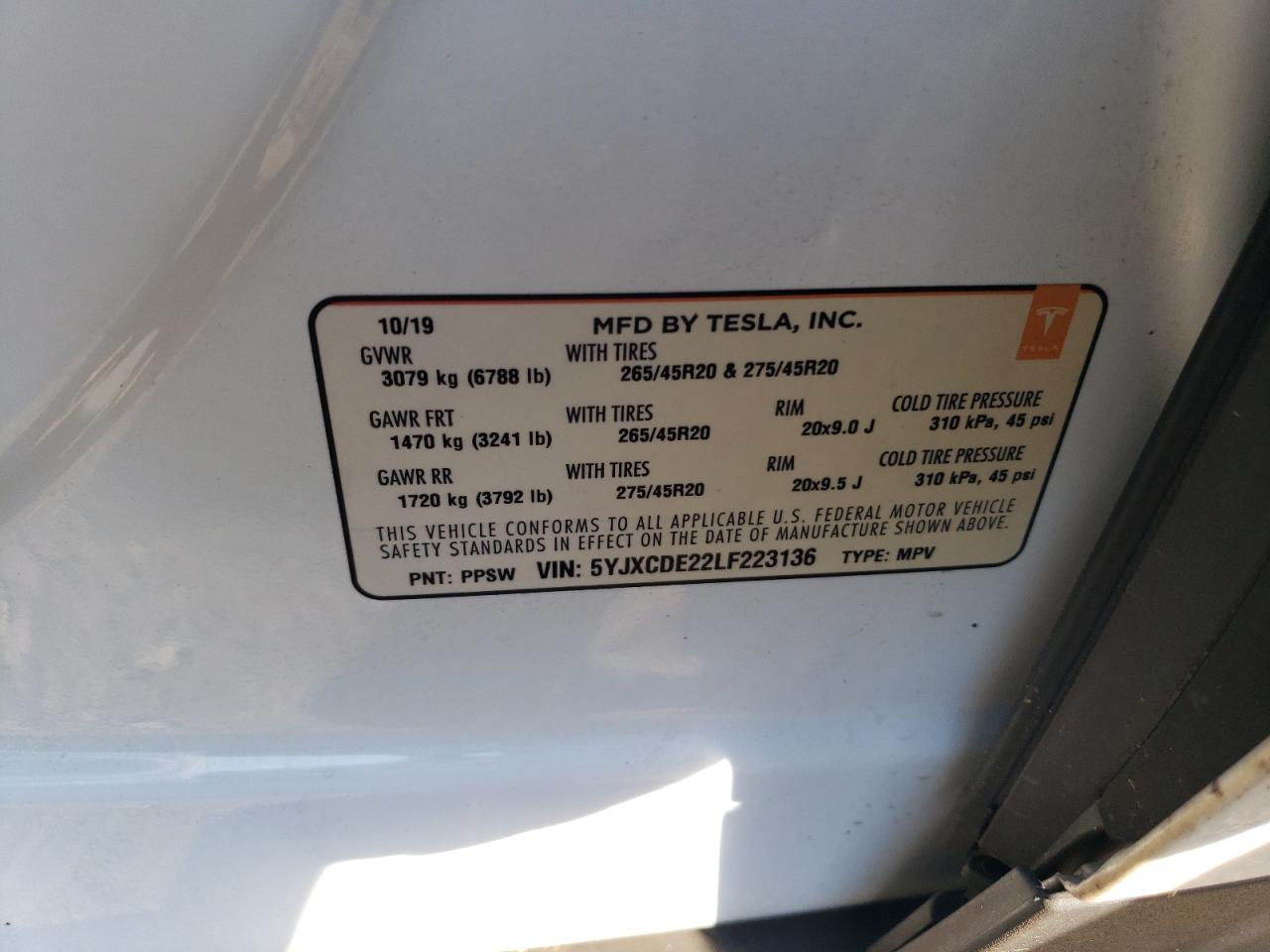 2020 Tesla Model X VIN: 5YJXCDE22LF223136 Lot: 55324645