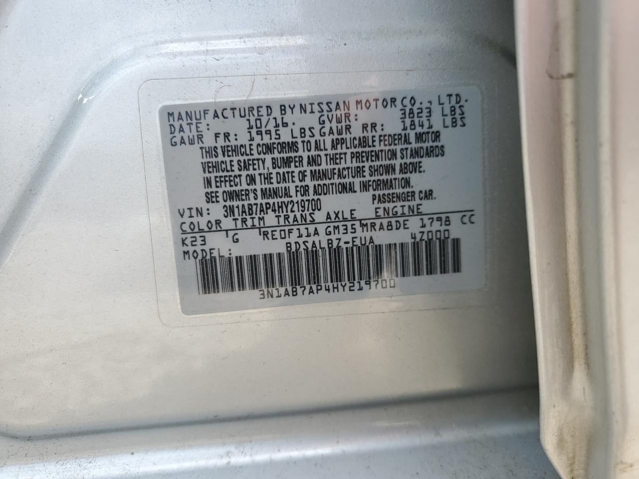 2017 Nissan Sentra S VIN: 3N1AB7AP4HY219700 Lot: 57053315