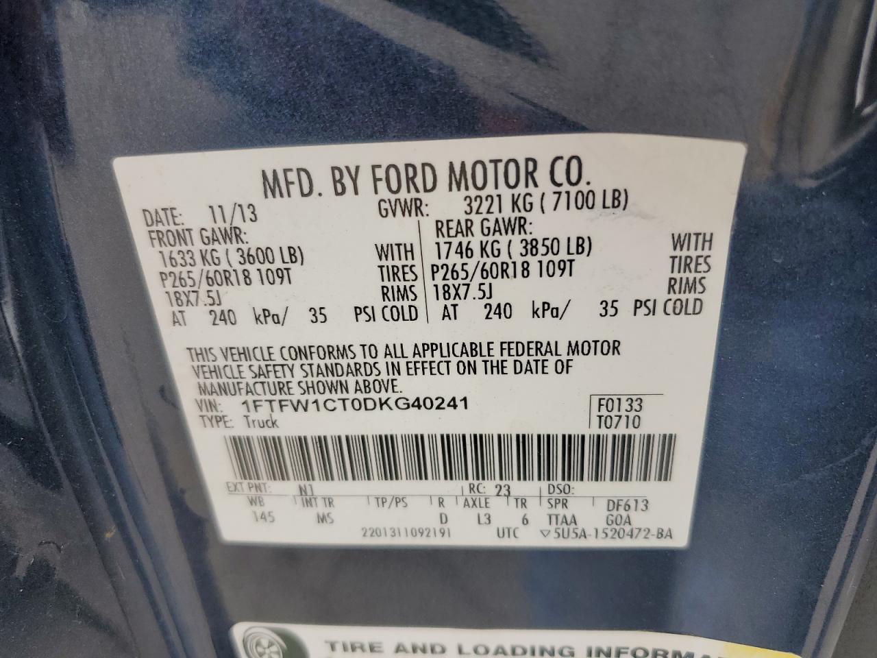 2013 Ford F150 Supercrew VIN: 1FTFW1CT0DKG40241 Lot: 56869455
