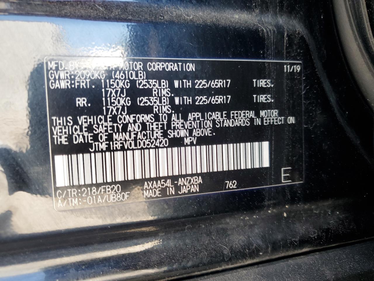 2020 Toyota Rav4 Le VIN: JTMF1RFV0LD052420 Lot: 55850345