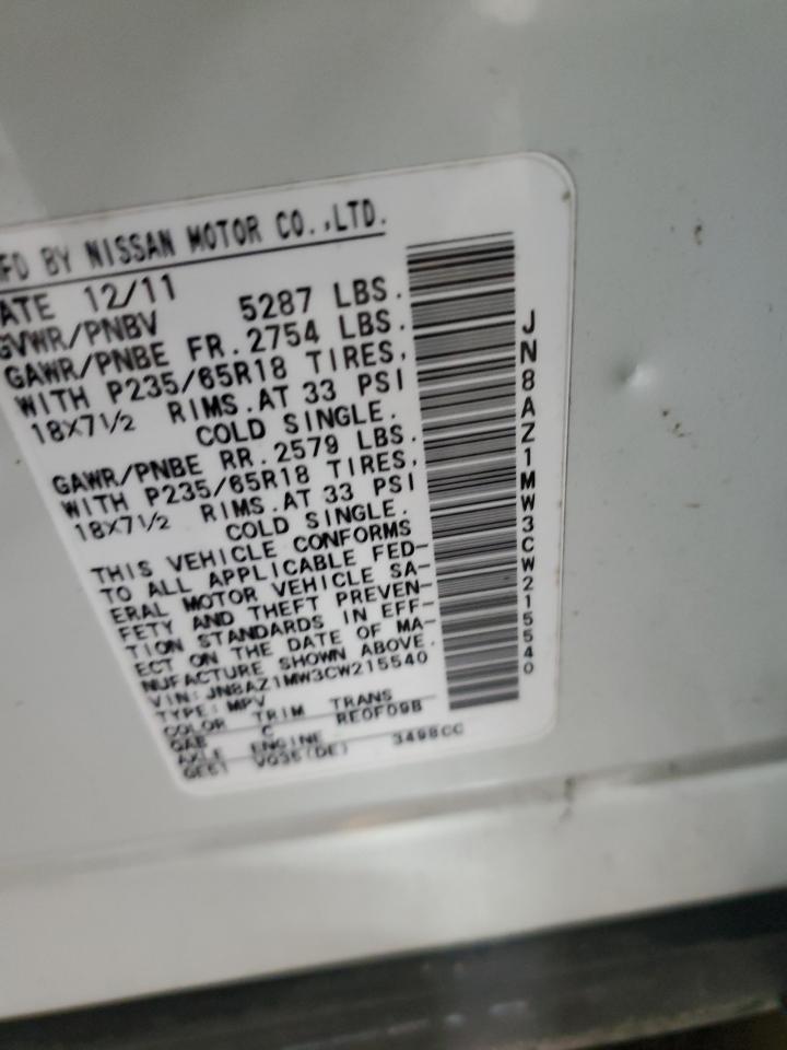 2012 Nissan Murano S VIN: JN8AZ1MW3CW215540 Lot: 58996595