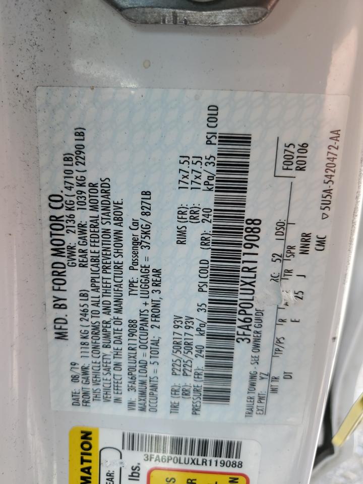 2020 Ford Fusion Se VIN: 3FA6P0LUXLR119088 Lot: 55085255