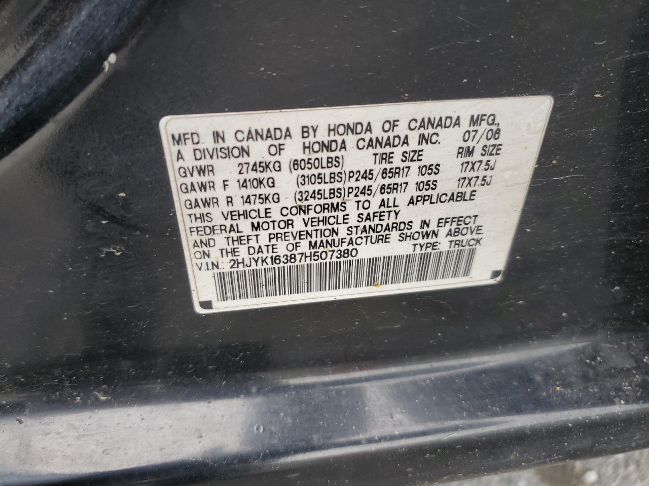 2007 Honda Ridgeline Rtx VIN: 2HJYK16387H507380 Lot: 58465005