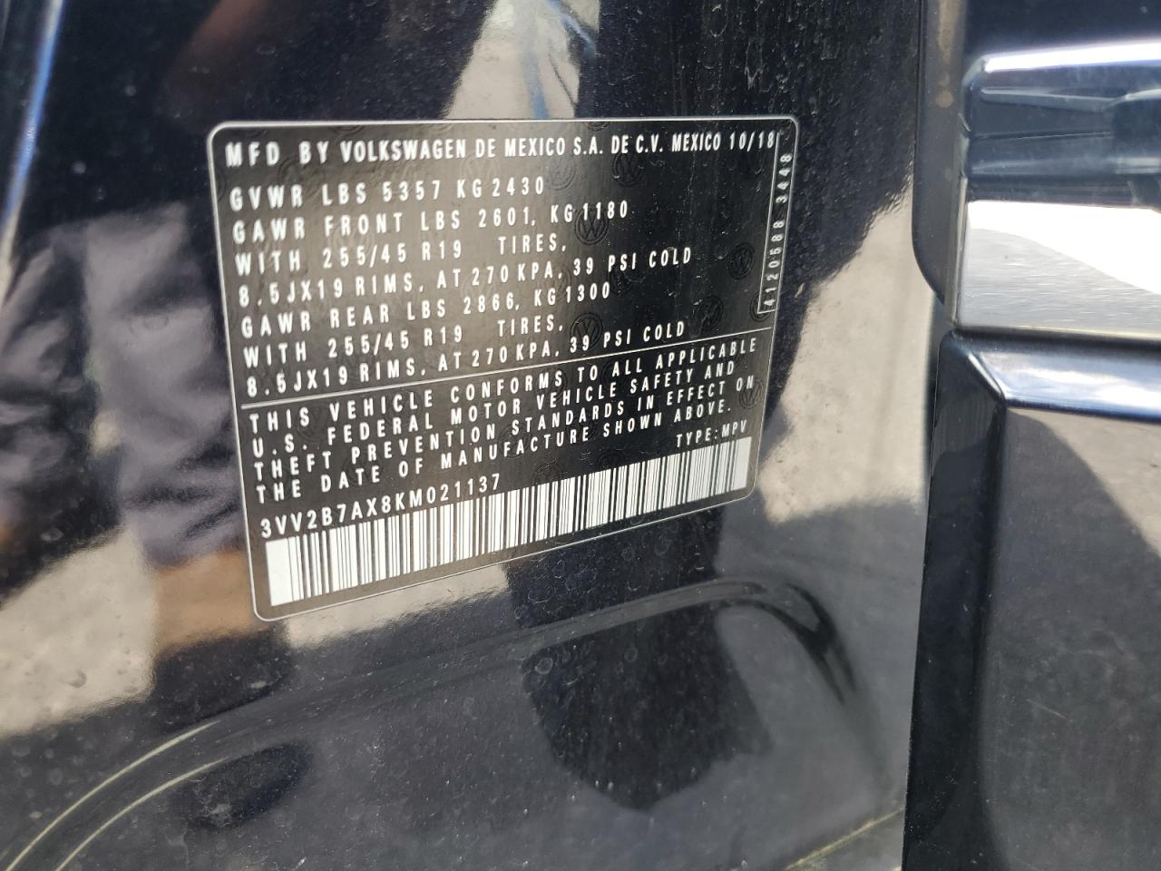 2019 Volkswagen Tiguan Se VIN: 3VV2B7AX8KM021137 Lot: 56798695